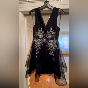 BCBG Black High-Low V-Neck Dress with White Floral Appliqué